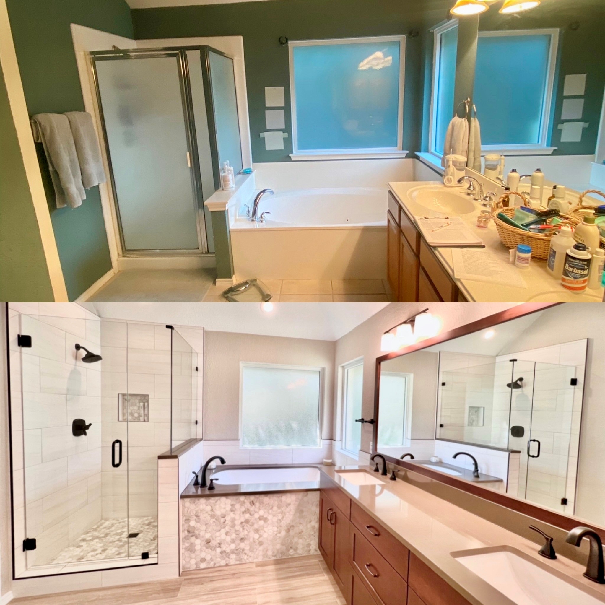 Before and after master bath remodel in Austin