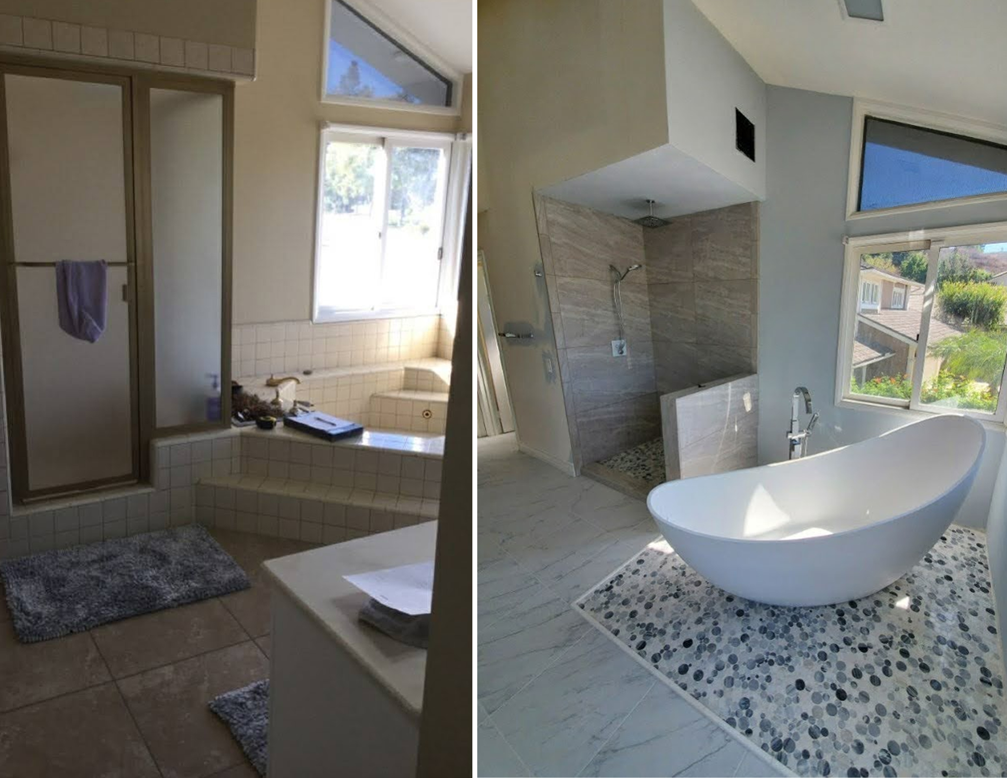 Before and after walk-in shower and freestanding tub remodel in Austin