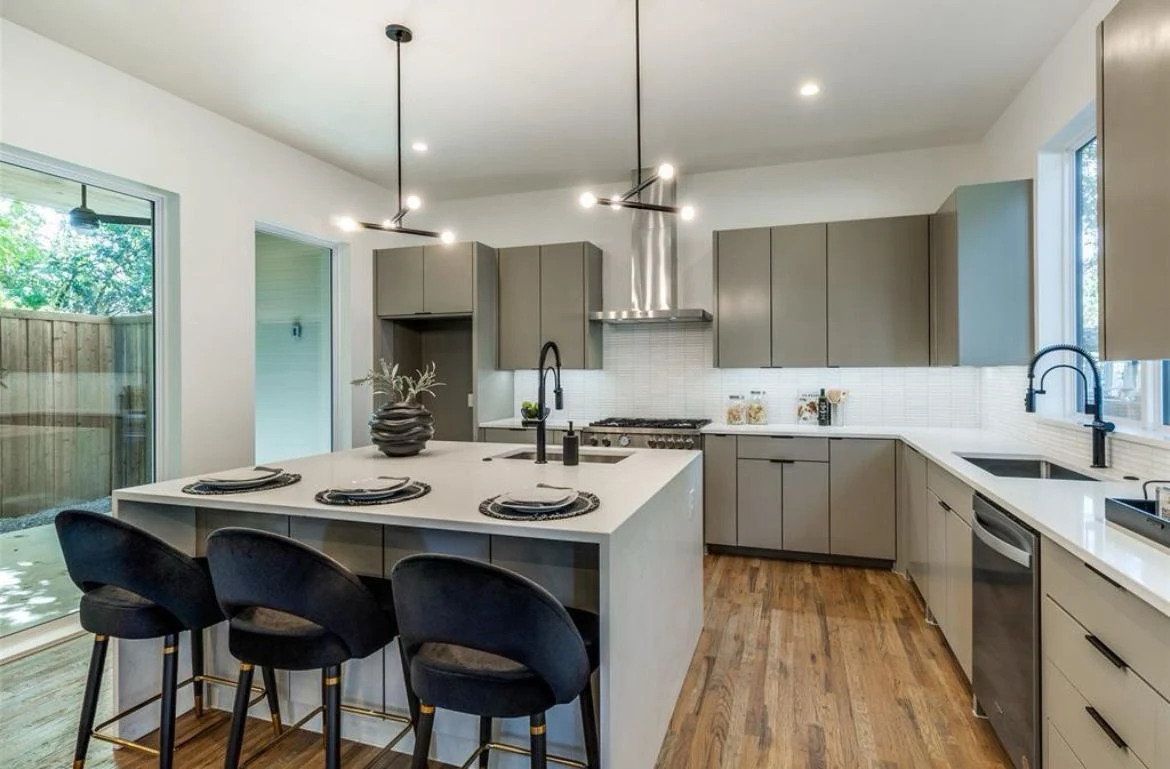 Modern gray kitchen with oversized island — Simply Stunning Kitchens Los Angeles